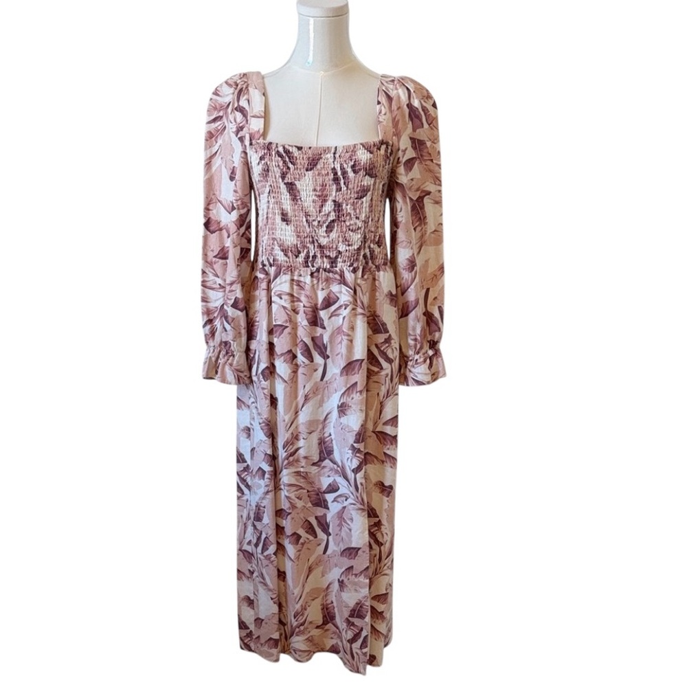 House of Harlow 1960 Linen Blend Pink and Ivory Palm Print Midi Dress Size L